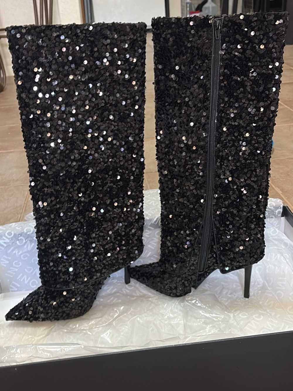 INC International Concepts Black Sequin Knee-High Stiletto Boots
